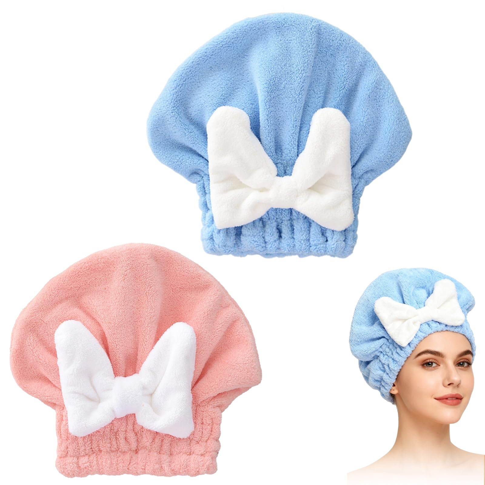 Toalla de cabello absorbente de microfibra rosa, modelo en uso para secado rápido.