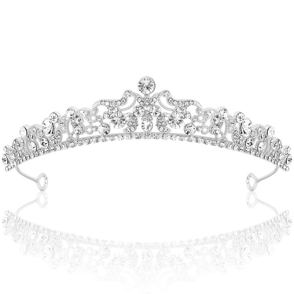 TOBATOBA tiara plata con cristales, perfecto para bodas y sesiones fotográficas.