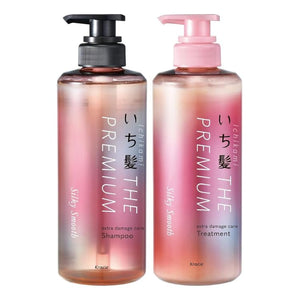 Ichikami Premium champú y tratamiento, vista frontal del set, cabello suave con brillo natural