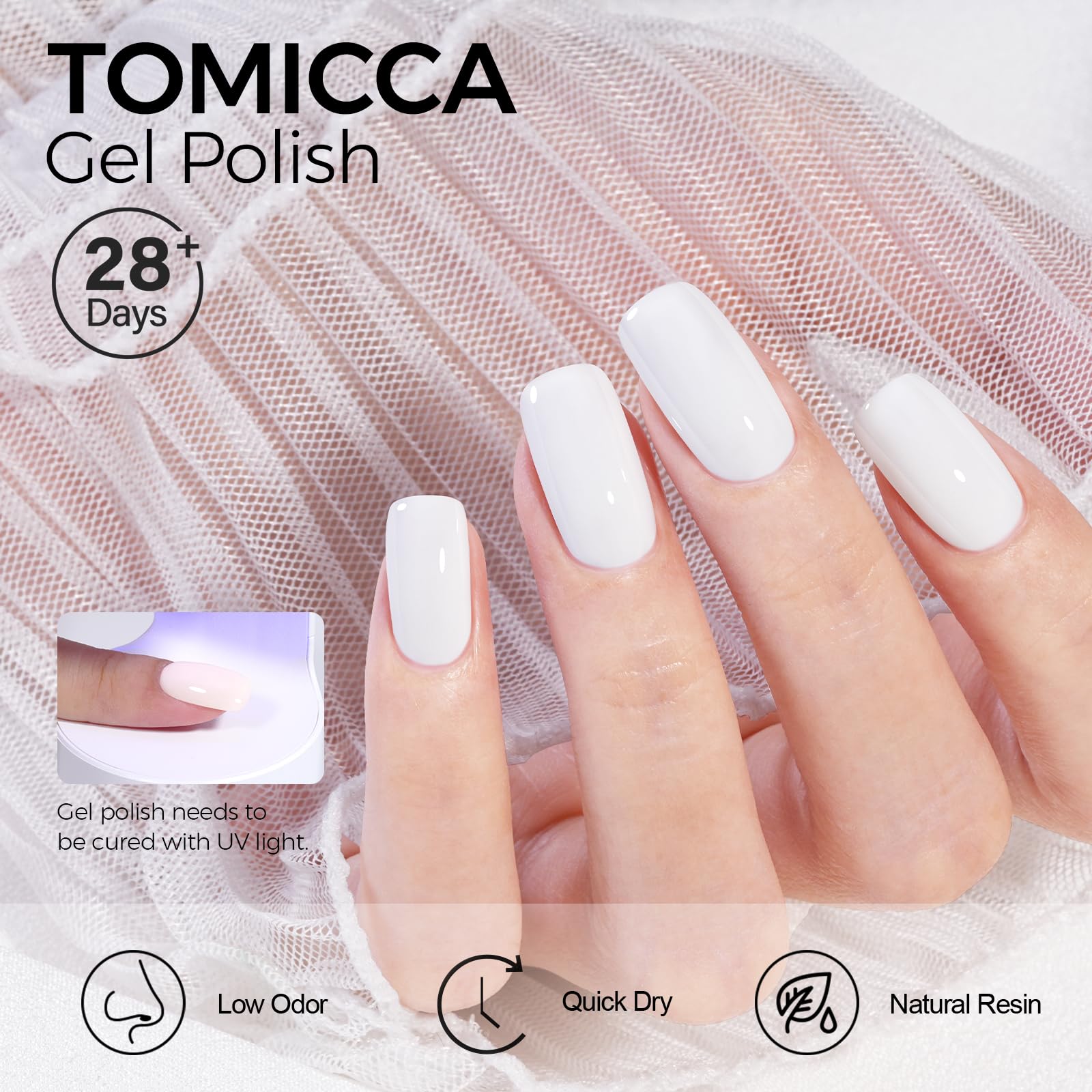 TOMICCA esmalte gel blanco 15ml, pincel-aplicacion: aplicación fácil sin marcas.