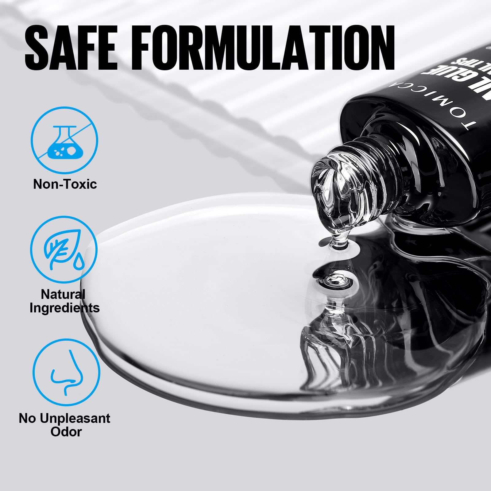 TOMICCA pegamento sin olor, cuidado suave para uñas delicadas y secado transparente.