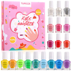 Set de esmaltes TOMICCA para niñas con 18 colores brillantes, ideal para fiestas.