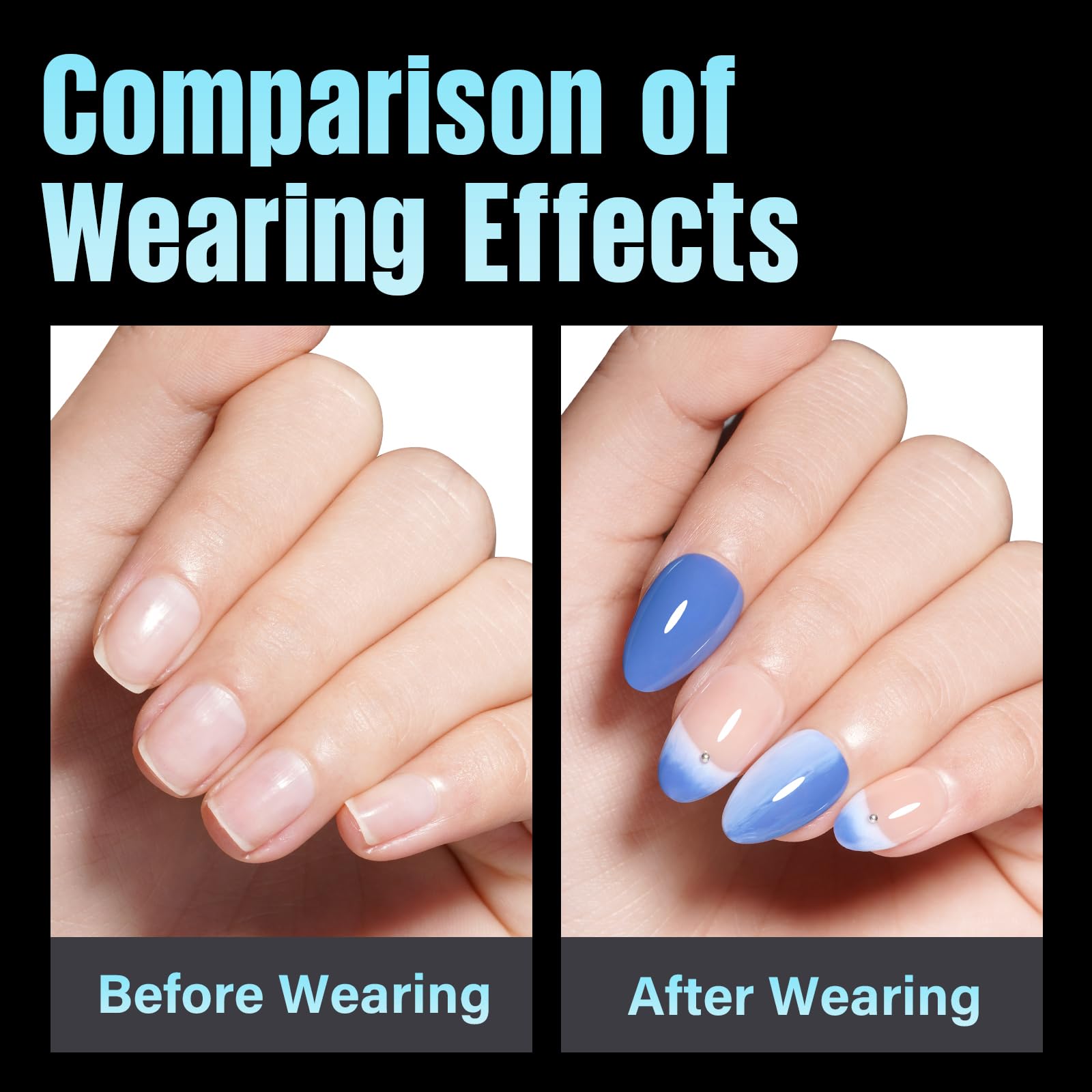 TOMICCA tips uñas almendra corto en varias tallas para ajuste perfecto.