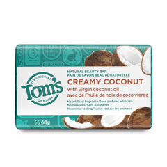 Tom's of Maine barra cremosa coco, limpieza suave y aroma tropical.