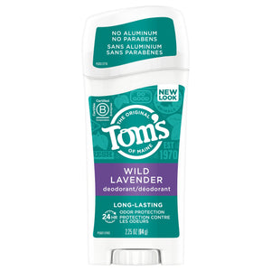 Tom's of Maine Desodorante en barra Lavanda, vista frontal del envase, aroma suave para uso diario.