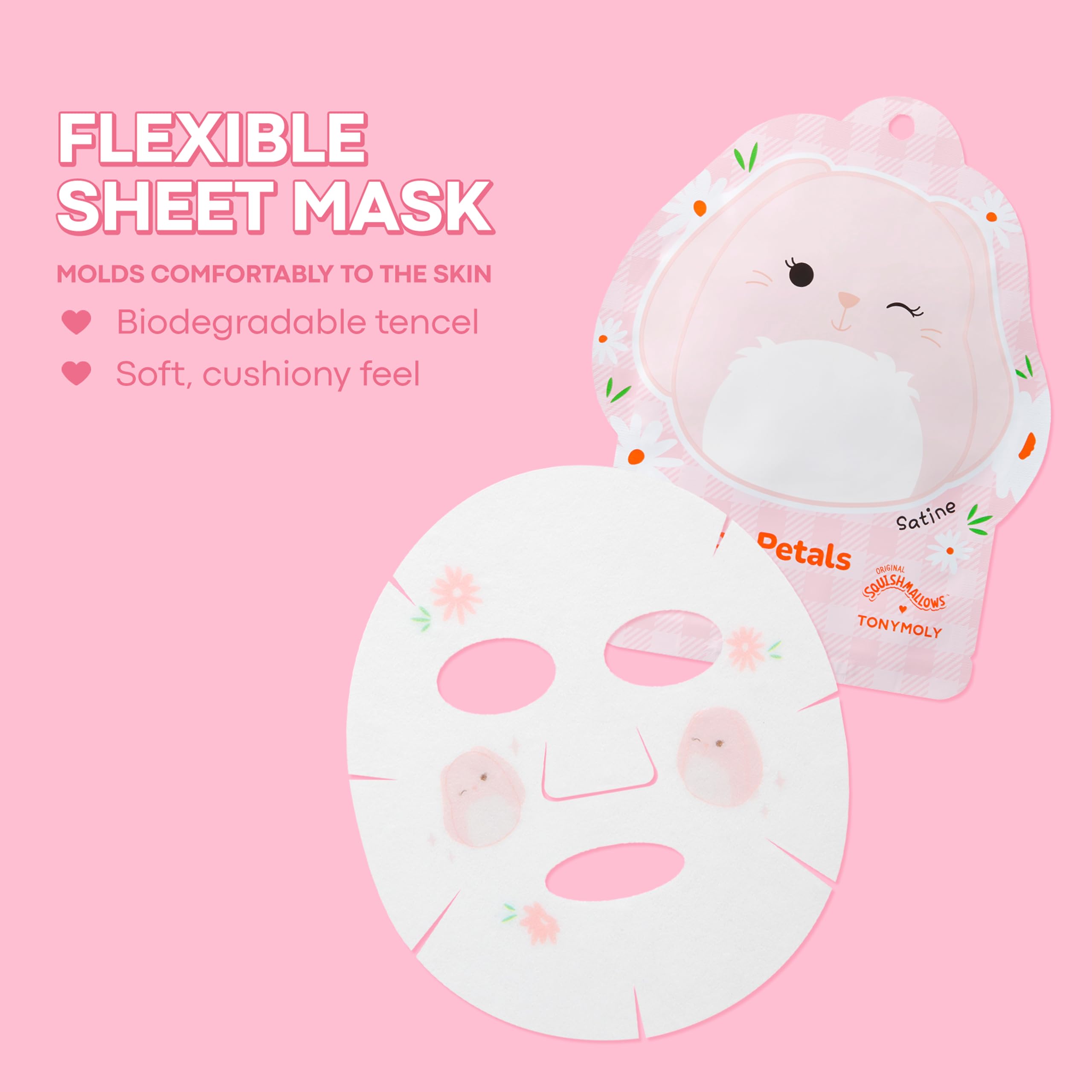 TONYMOLY Satine Hoppy Petals diseño Squishmallows para autocuidado divertido.