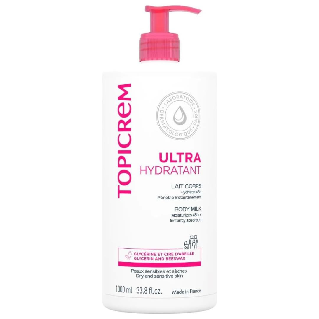 Topicrem Ultra-Hidratante Leche Corporal 1000 ml, botella visible, hidrata piel seca durante 24 horas.