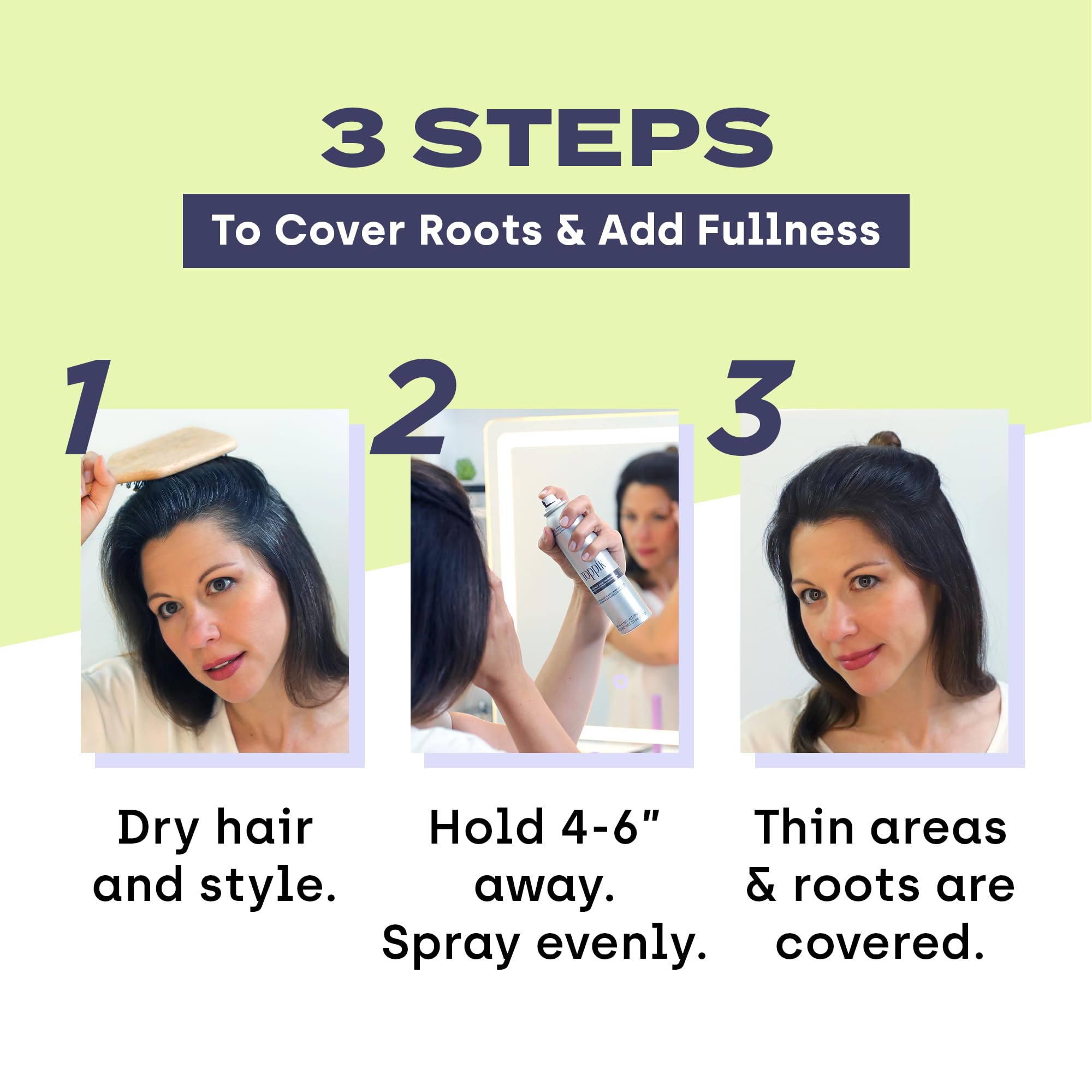TOPPIK wind-rain-resistant root concealment spray for lasting coverage.