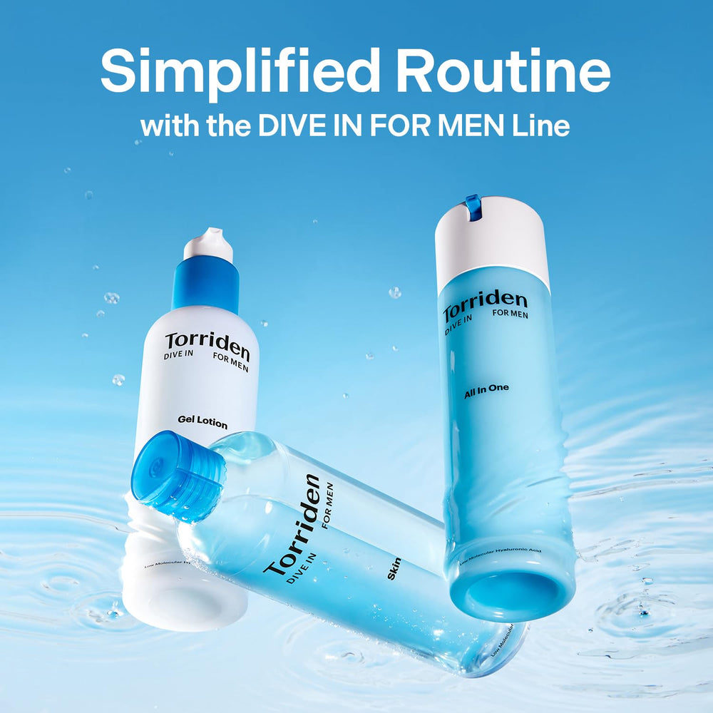 Torriden DIVE IN FOR MEN, aplicación suave en rostro.