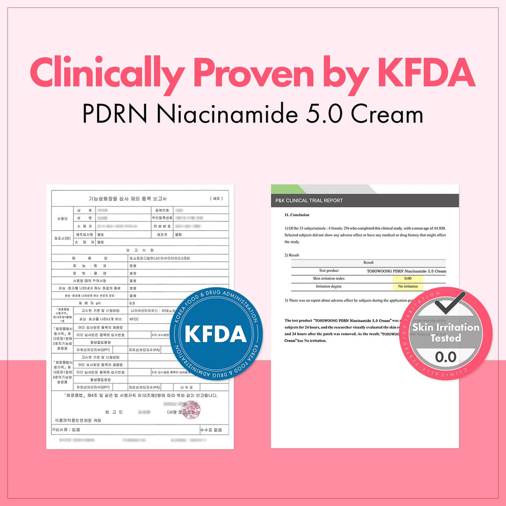 Bote de crema rosada TOSOWOONG PDRN Niacinamide 5% facilita la rutina post-acné.