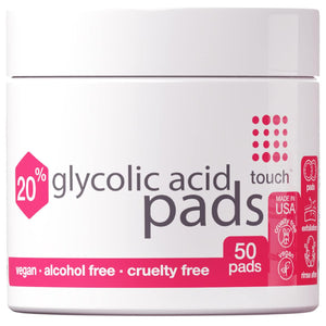 TOUCH: empaque compacto de toallitas exfoliantes con ácido glicólico 20% y tapa de espuma.
