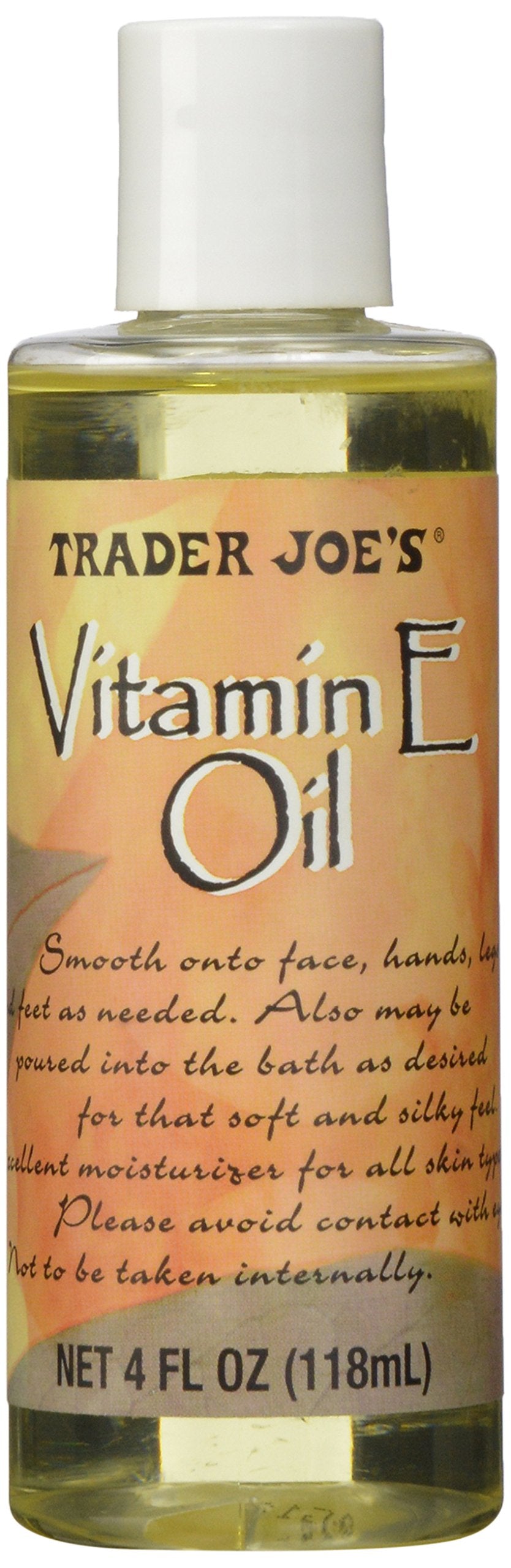 Trader Joe's Aceite de Vitamina E, botella, humecta y suaviza la piel.