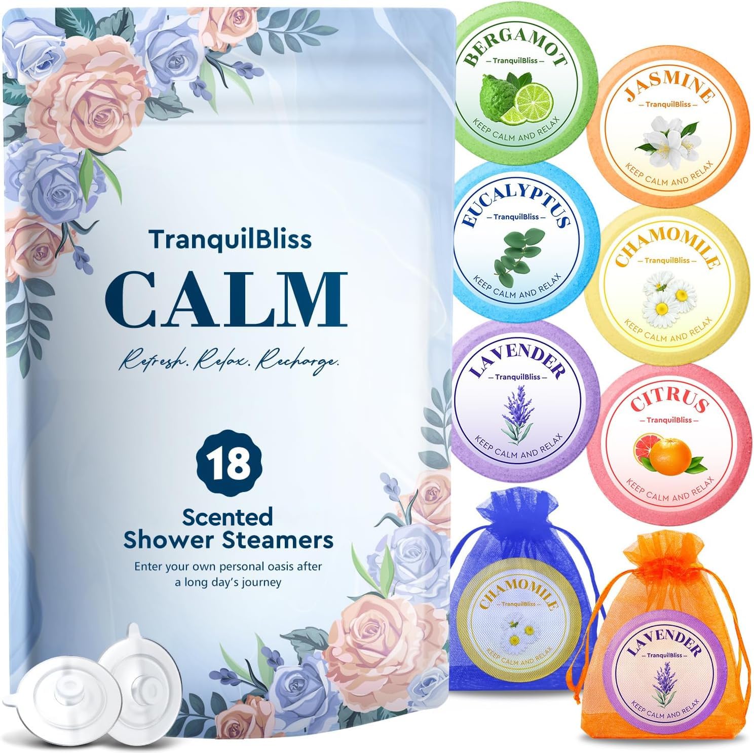 Bombas de ducha TranquilBliss en empaque elegante para regalo y cuidado personal