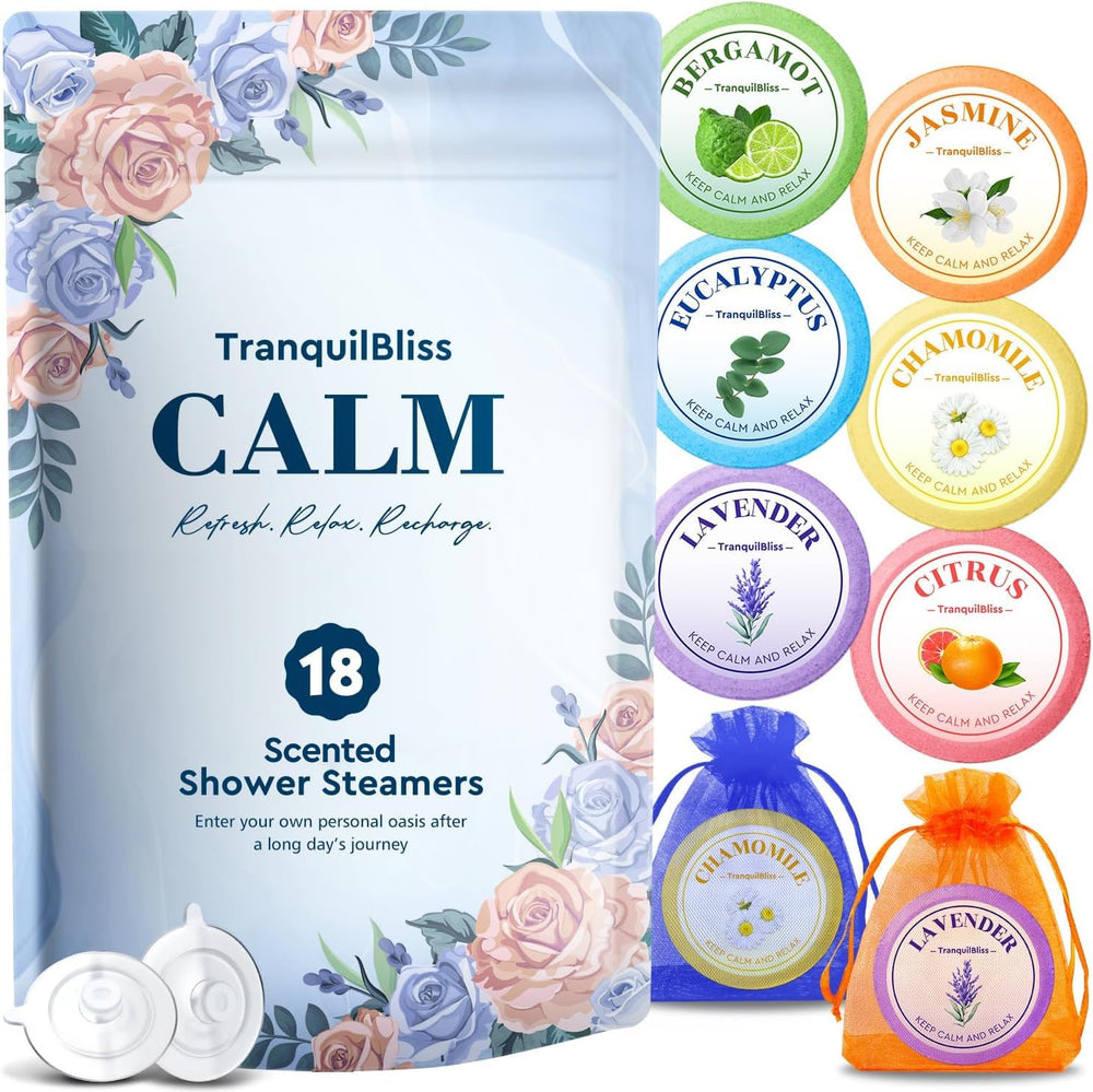 Bombas de ducha TranquilBliss en empaque elegante para regalo y cuidado personal