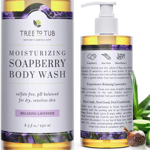 Tree To Tub gel de ducha lavanda en botella, hidratación suave para piel sensible.