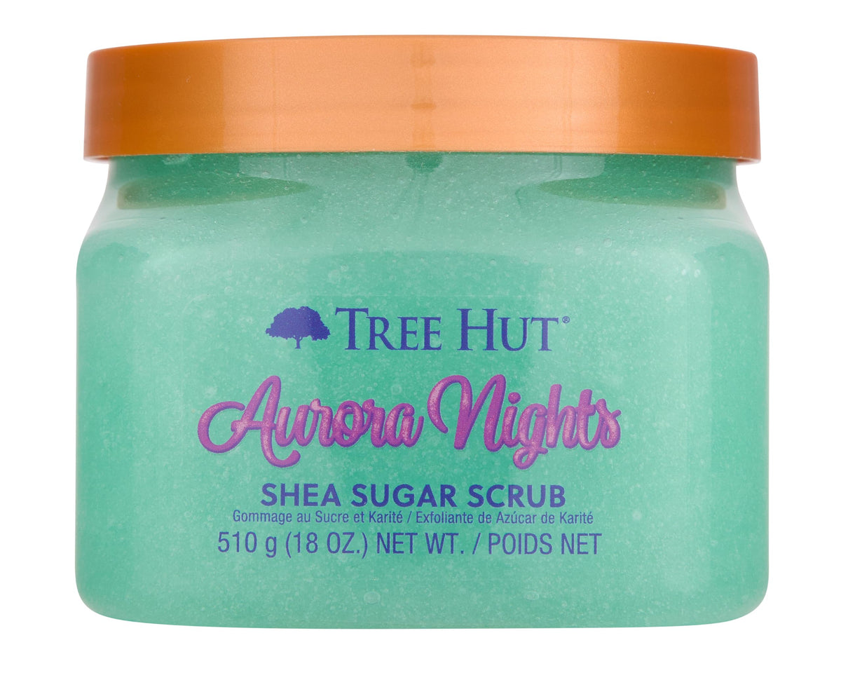 Tree Hut Aurora Nights exfoliante-azucar muestra textura granulada para piel suave