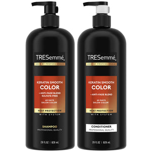 TRESemmé Keratin Smooth Color champú, botella visible, suavidad y brillo para cabello teñido.