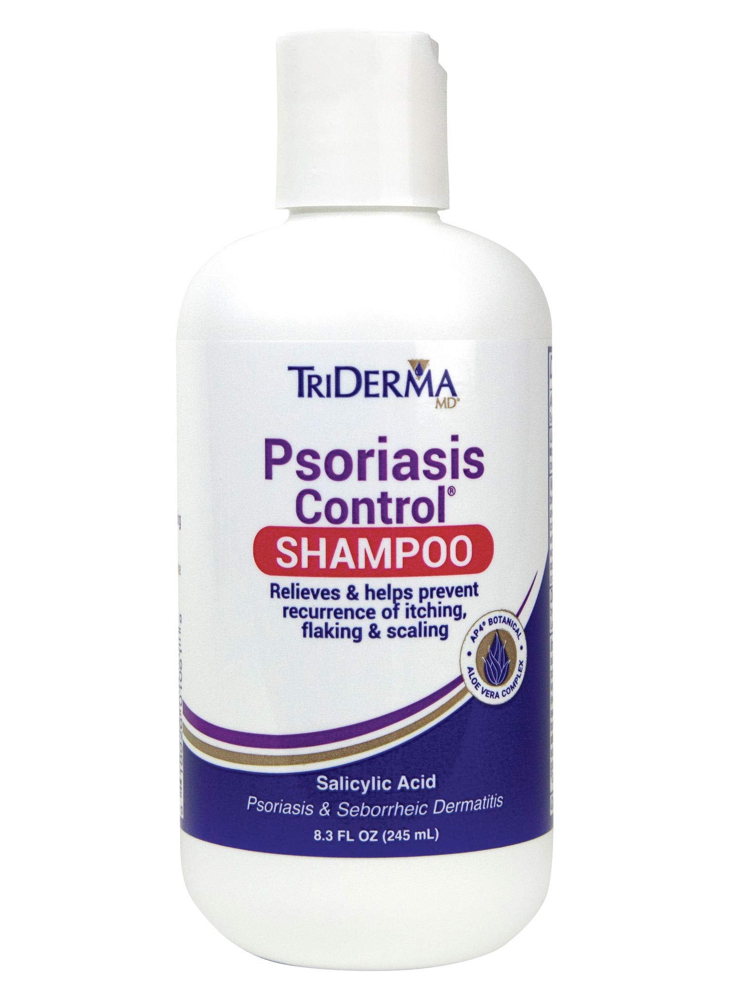 TriDerma Psoriasis Control Exfoliante Shampoo, botella, alivio suave para cuero cabelludo.