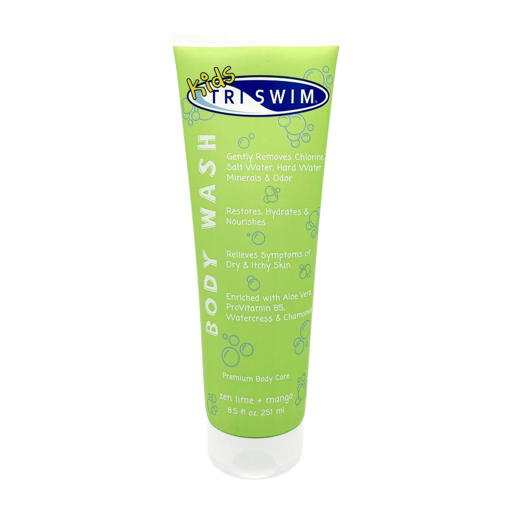 TRISWIM Kids, botella de ducha corporal con fragancia Lima Zen Mango para hidratación suave.