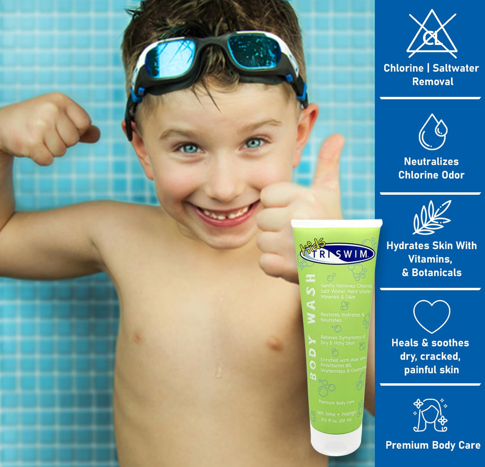 TRISWIM Kids elimina cloro y sal tras la natación para piel más limpia.
