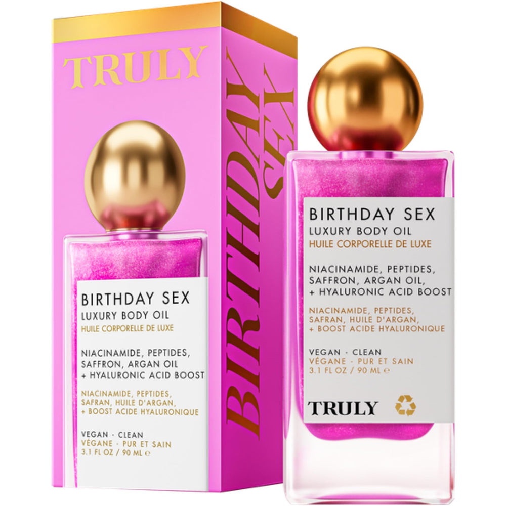 Truly Birthday Sex, aceite corporal de lujo, hidratación y brillo suave.