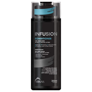 TRUSS Infusion Acondicionador: botella vertiendo, hidratación profunda para cabello seco.