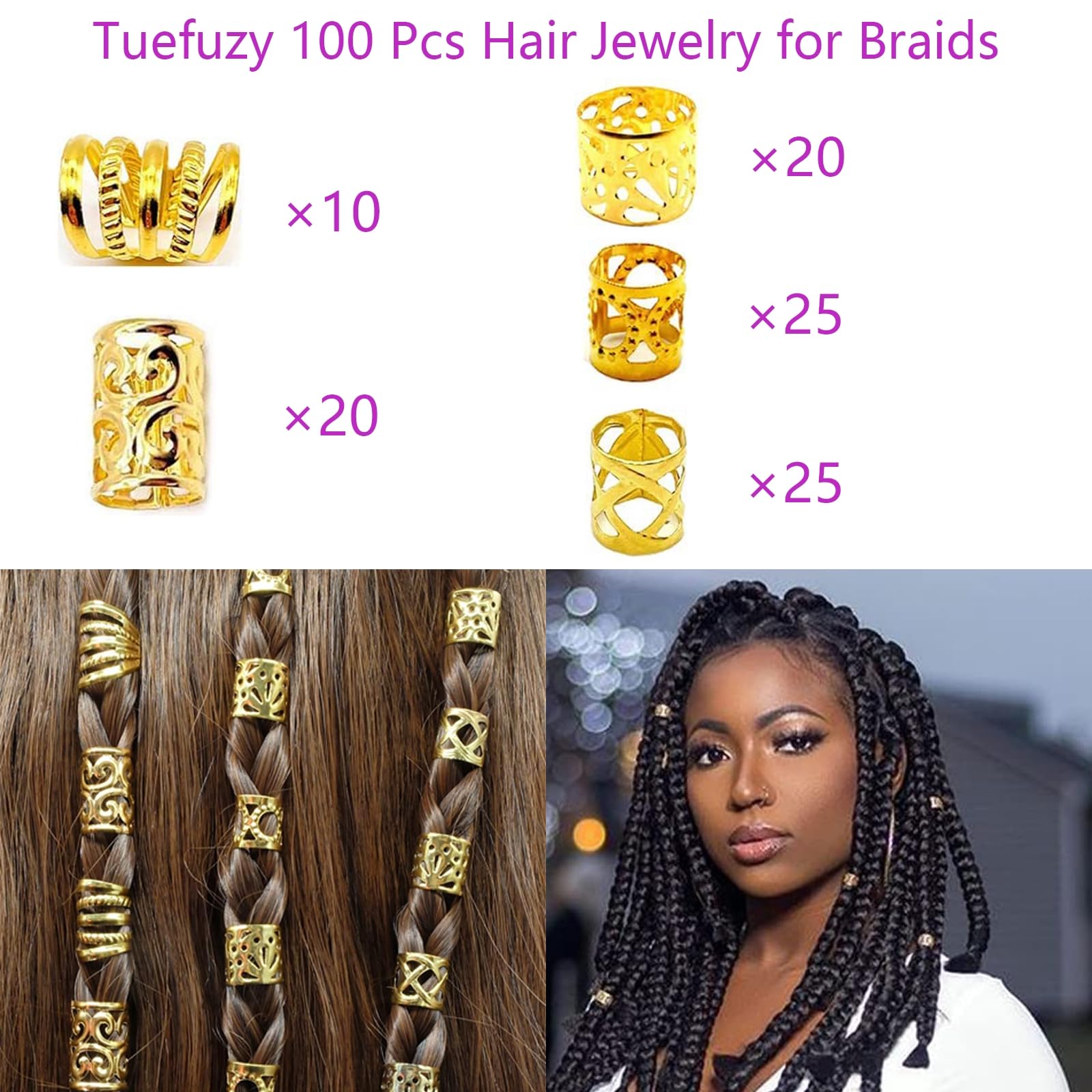 Aros y broches dorados, duraderos y flexibles para mechones trenzados.