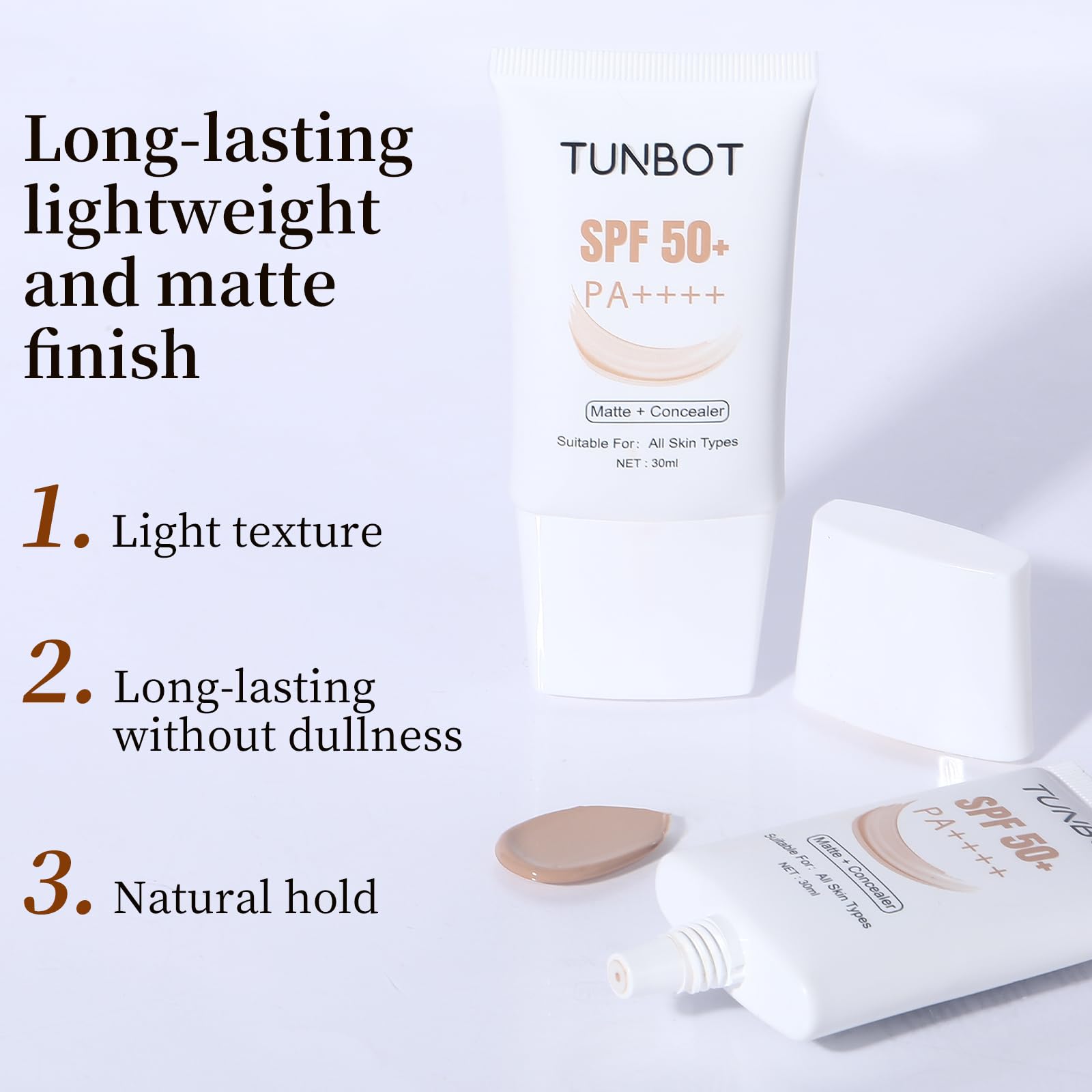 Tunbot fundación SPF50 con glicerina protege e hidrata la piel.