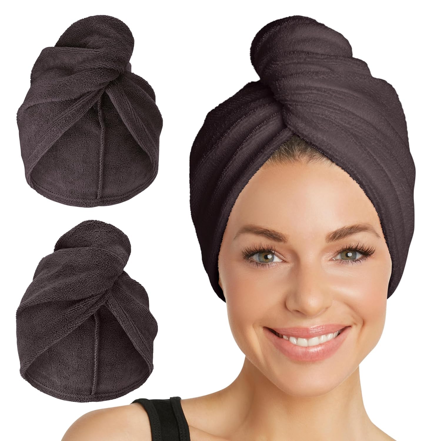 Turbie Twist pack de dos toallas microfibra para secado rápido y cómodo.