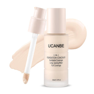 UCANBE dos en uno fundación-concealer con aplicador angulado para corrección precisa.