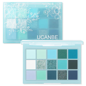 UCANBE Paleta 15 sombras—tonos fríos mates, pigmentación suave para aspecto diario.
