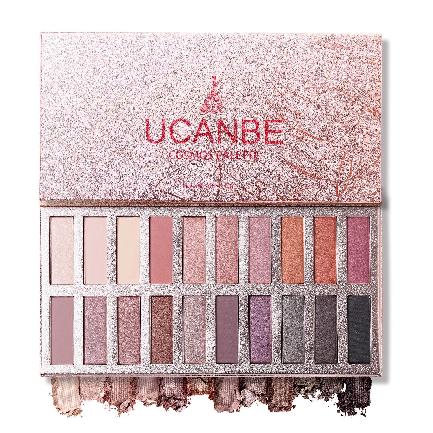 Paleta UCANBE de sombras con 20 tonos neutros abierta para looks diarios.