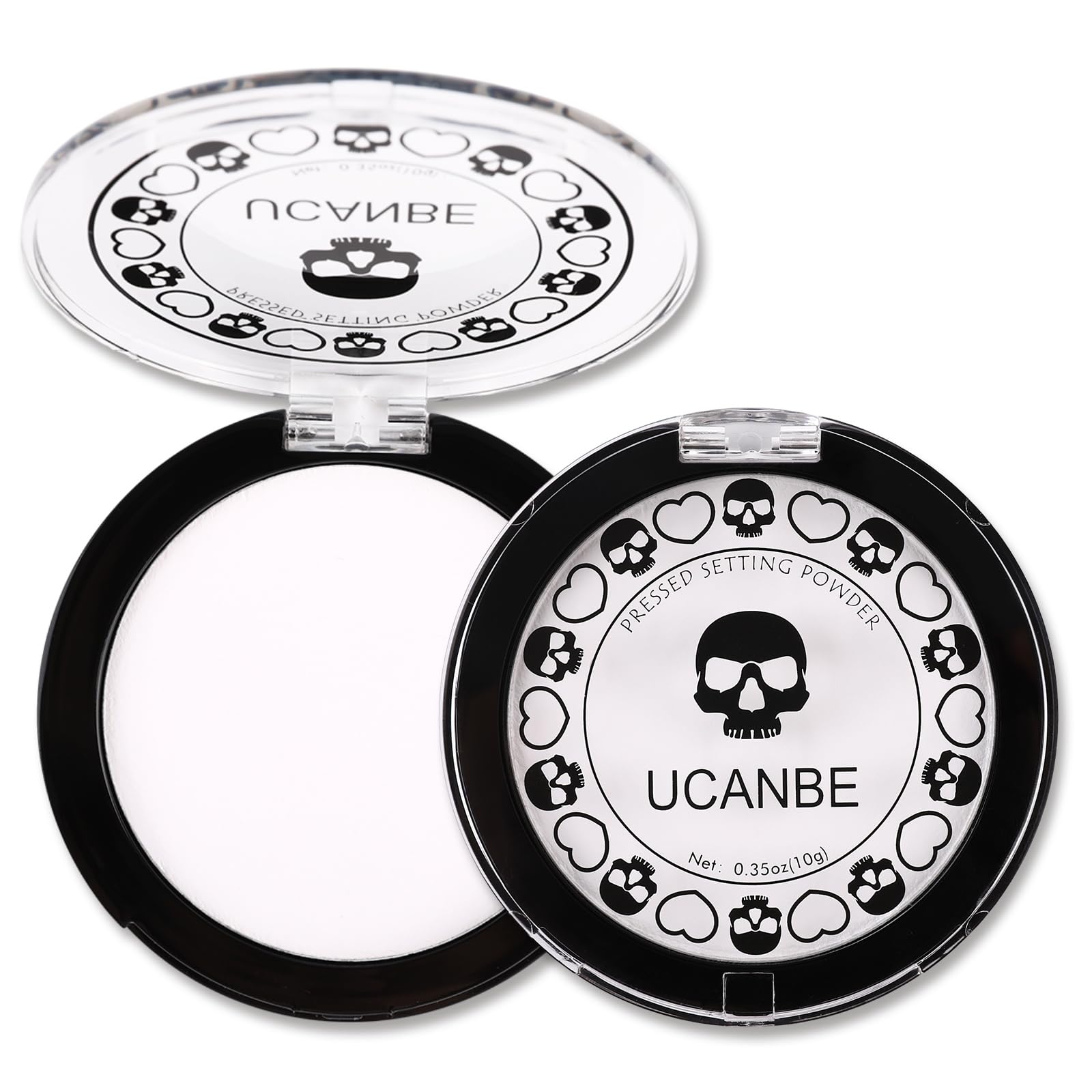 UCANBE polvo fijador blanco en compacto, acabado suave y duradero para el maquillaje.