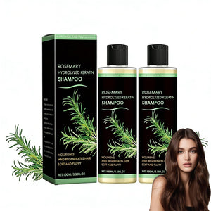 Shampoo Uceento romero orgánico, botella frontal, limpieza suave y revitalizante.