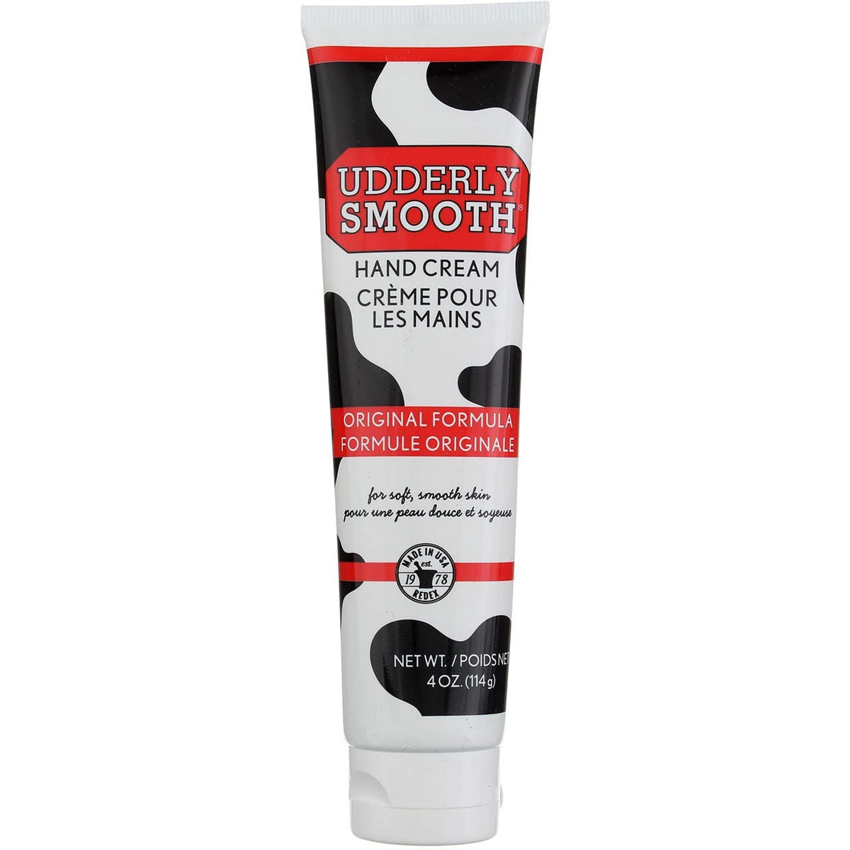 Crema Udderly Smooth para manos, textura suave y absorción rápida.