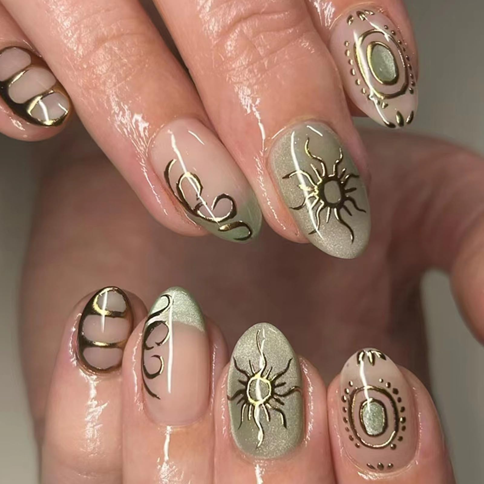 UEYRSEDB uñas francesas verdes con brillo y diseño 3D sol para look llamativo