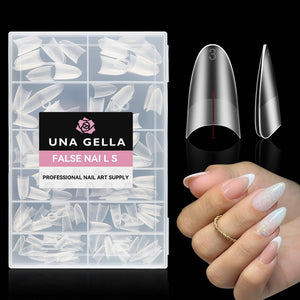 UNA GELLA tips de almendra, textura mate externa, acabado suave y duradero.