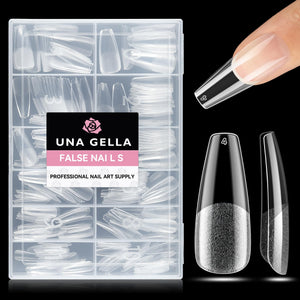 UNA GELLA tips coffin largo claros, extensión limpia y natural para uñas.