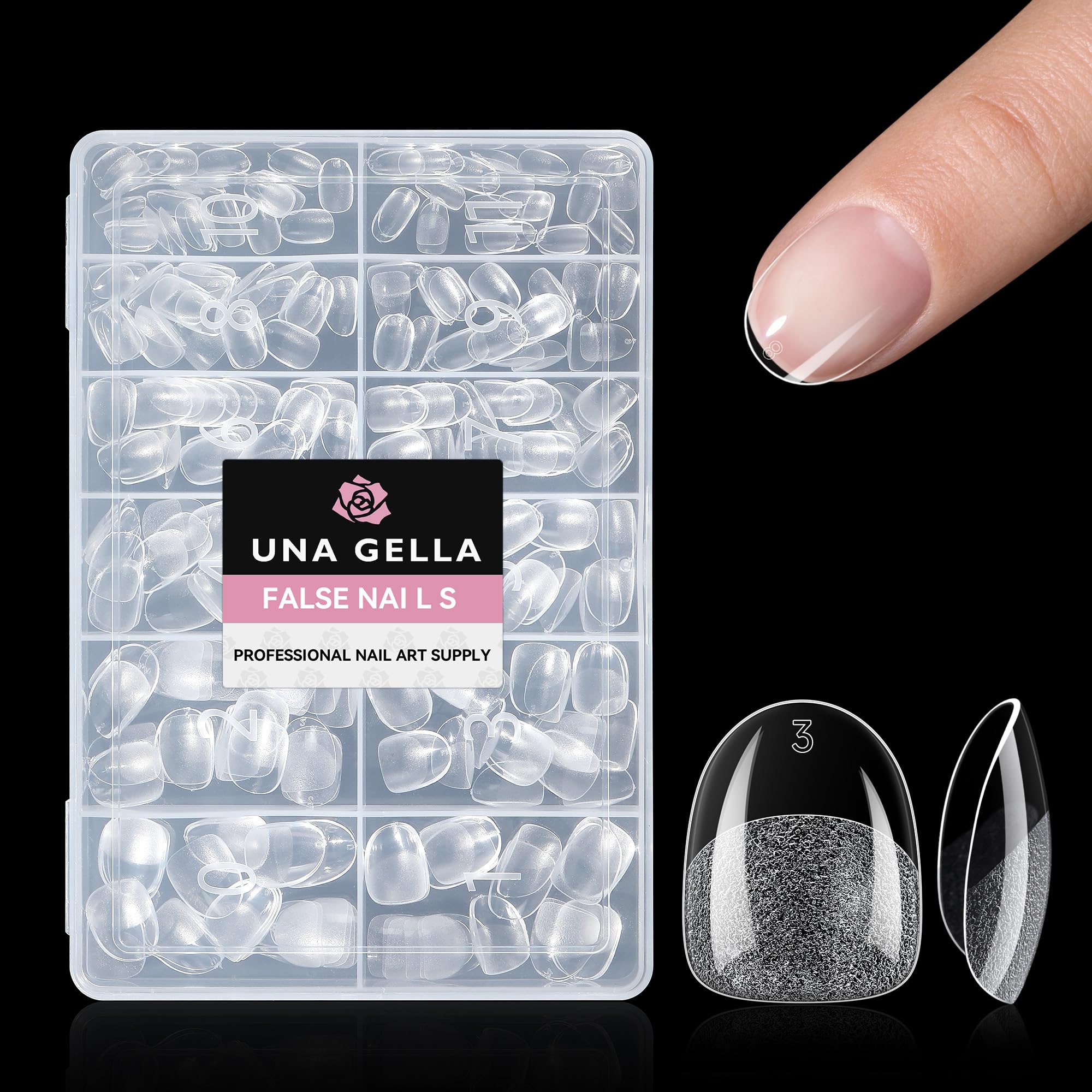 UNA GELLA tips ovalados extra cortos, ajuste discreto para uso diario.