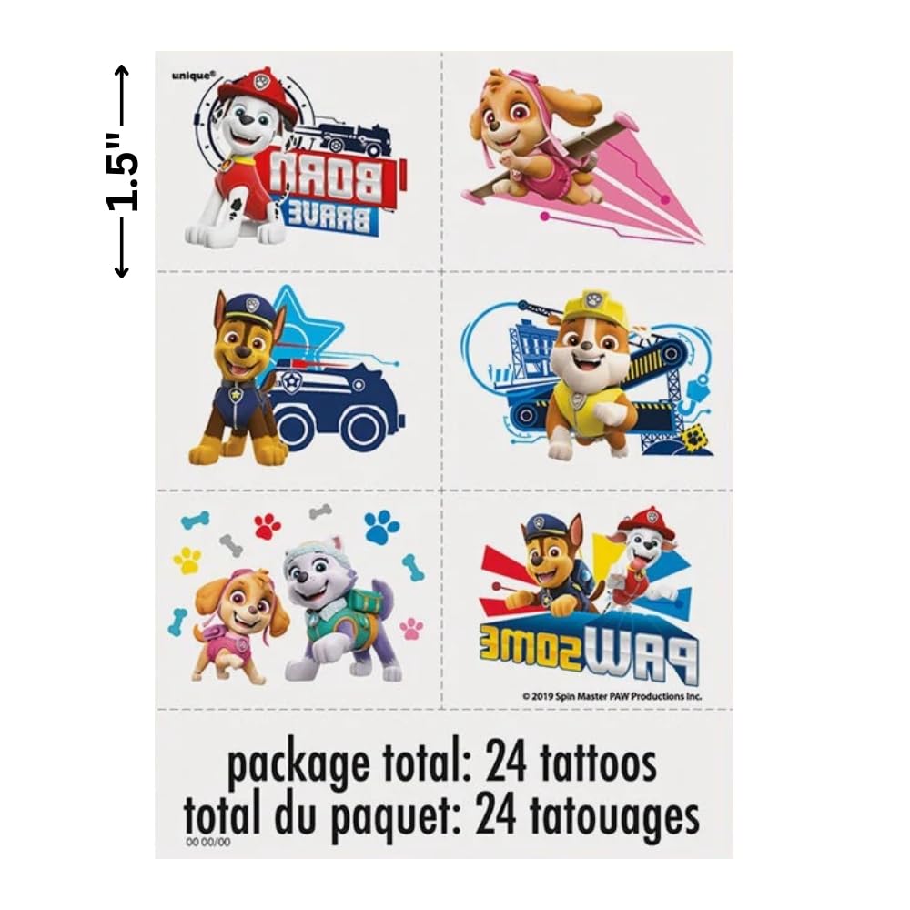 Tatuajes temporales Paw Patrol de Unique, fáciles de aplicar durante la fiesta.