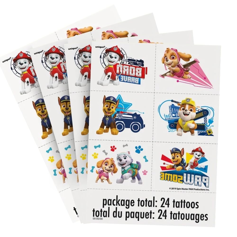 Tatuajes Paw Patrol de Unique con diseños vibrantes para fiestas infantiles.