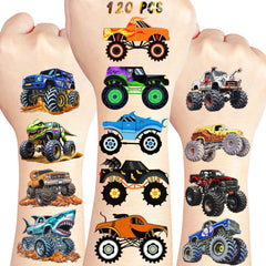 Tatuaje camión-monstruo de UNQFELENS en hoja, perfecto para fiestas infantiles