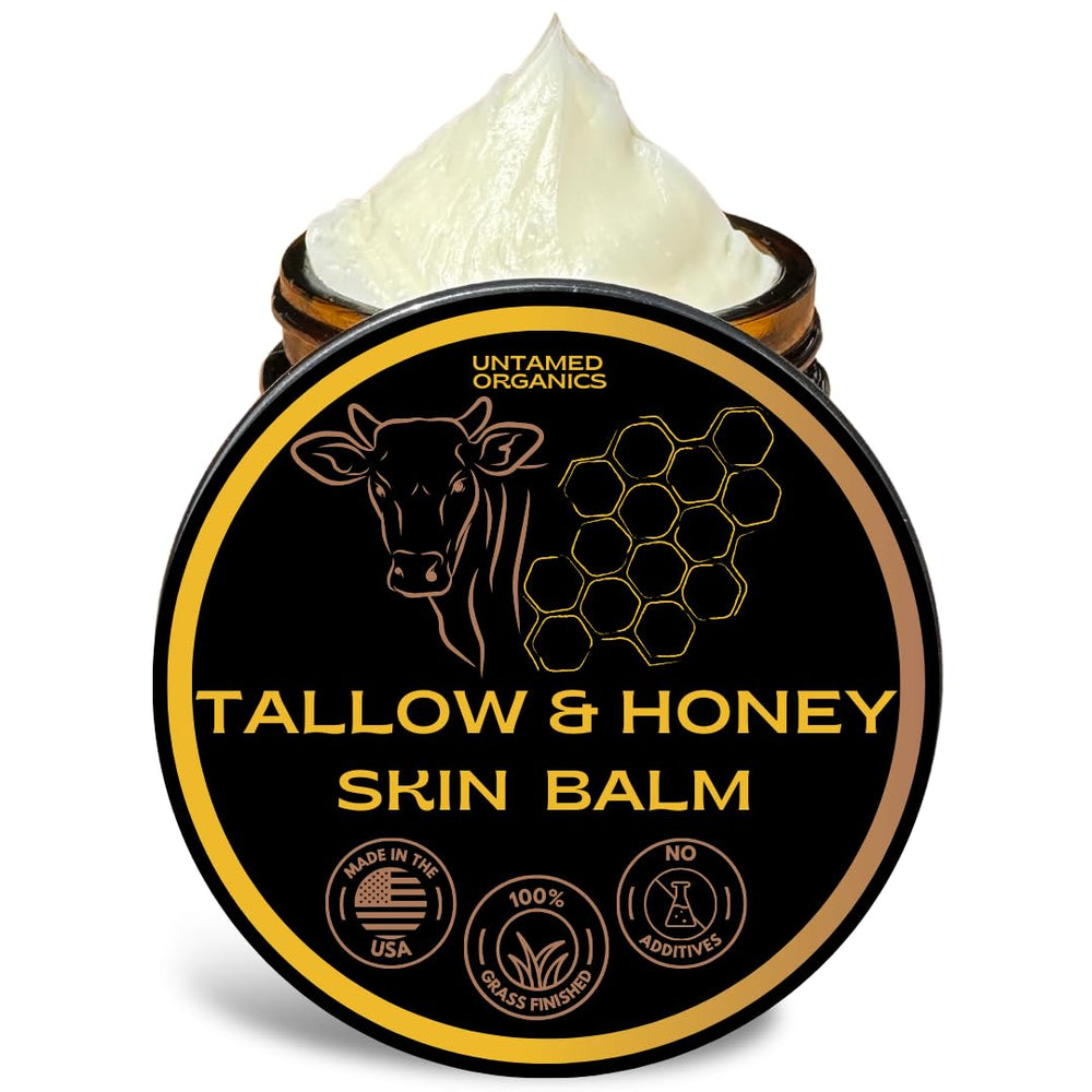 Bálsamo Untamed Organics con tallow y miel sin aroma en botella para piel sensible.
