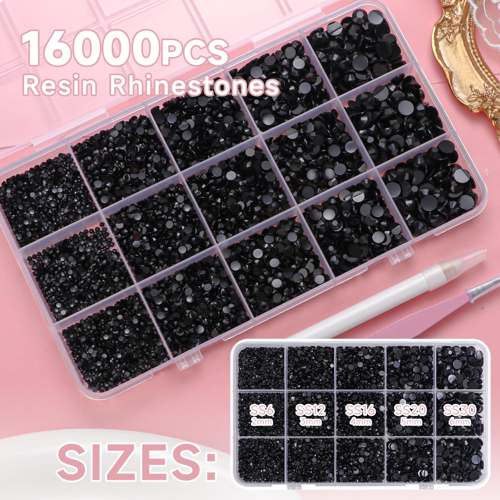 Caja Uotey con 15 rejillas de piedras negras para decoraciones brillantes.