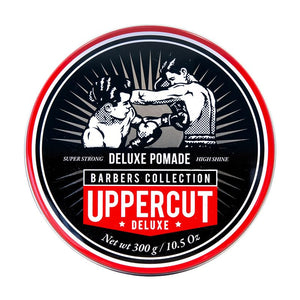 Pomada Uppercut Deluxe en lata barbero para un acabado de sujeción firme y clásico.