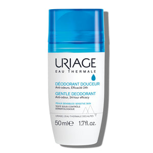 Desodorante Uriage con rodillo amplio para piel sensible, frescura diaria sin manchas.