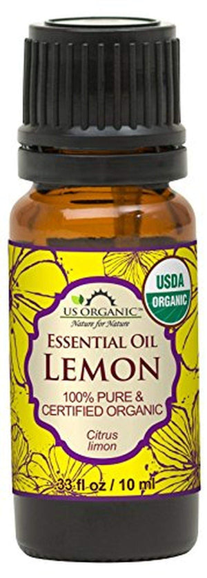 US Organic Aceite Esencial de Limón, botella: aroma cítrico fresco para aromaterapia.