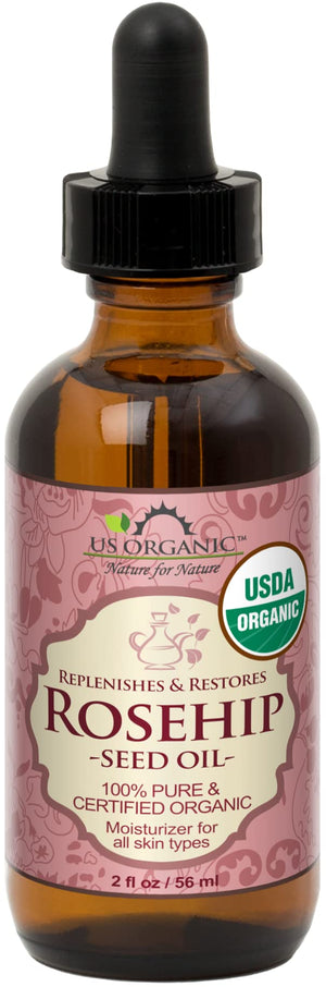 US Organic Aceite de Rosa Mosqueta en botella ambar, ideal para piel suave.