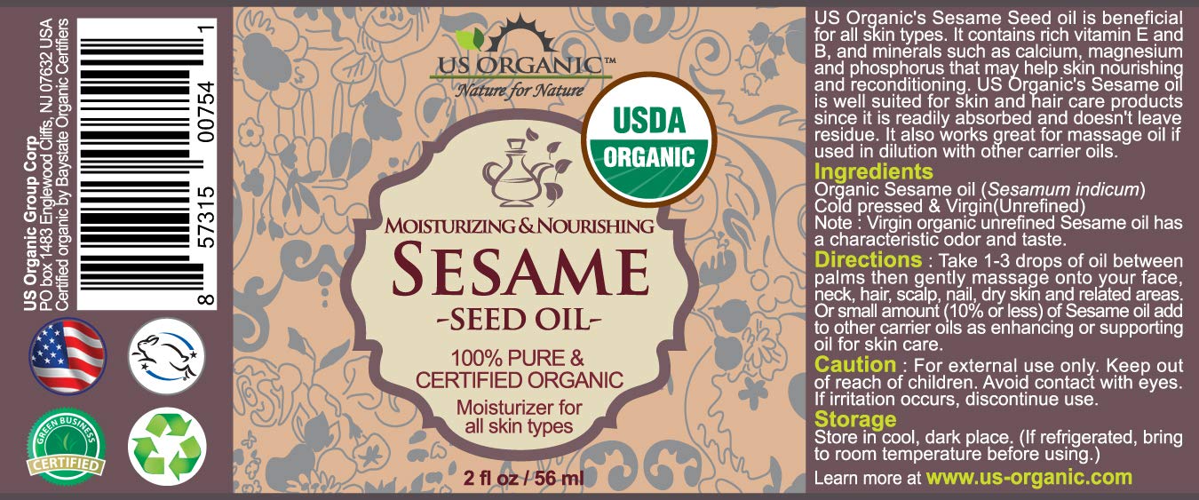 US Organic Aceite de sésamo con gotero, ideal para masajes y nutrición cutánea.