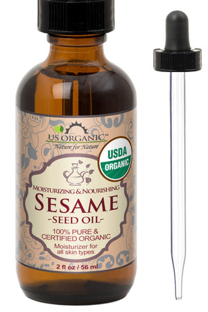 US Organic Aceite de sésamo virgen prensado en frío, botella ámbar para cuidado de la piel.